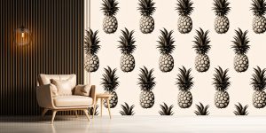 Pining For You Sepia wallpaper with vintage pineapple pattern on a soft neutral background in a modern interior.