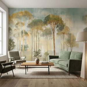 How Much Does Wallpaper Cost in South Africa? Your 2026 Price Guide 1 Wallpaper and Wall Murals South Africa Signal Hill Trees mural styled in a living room with sofa and chairs, featuring misty trees in muted green and golden hues.