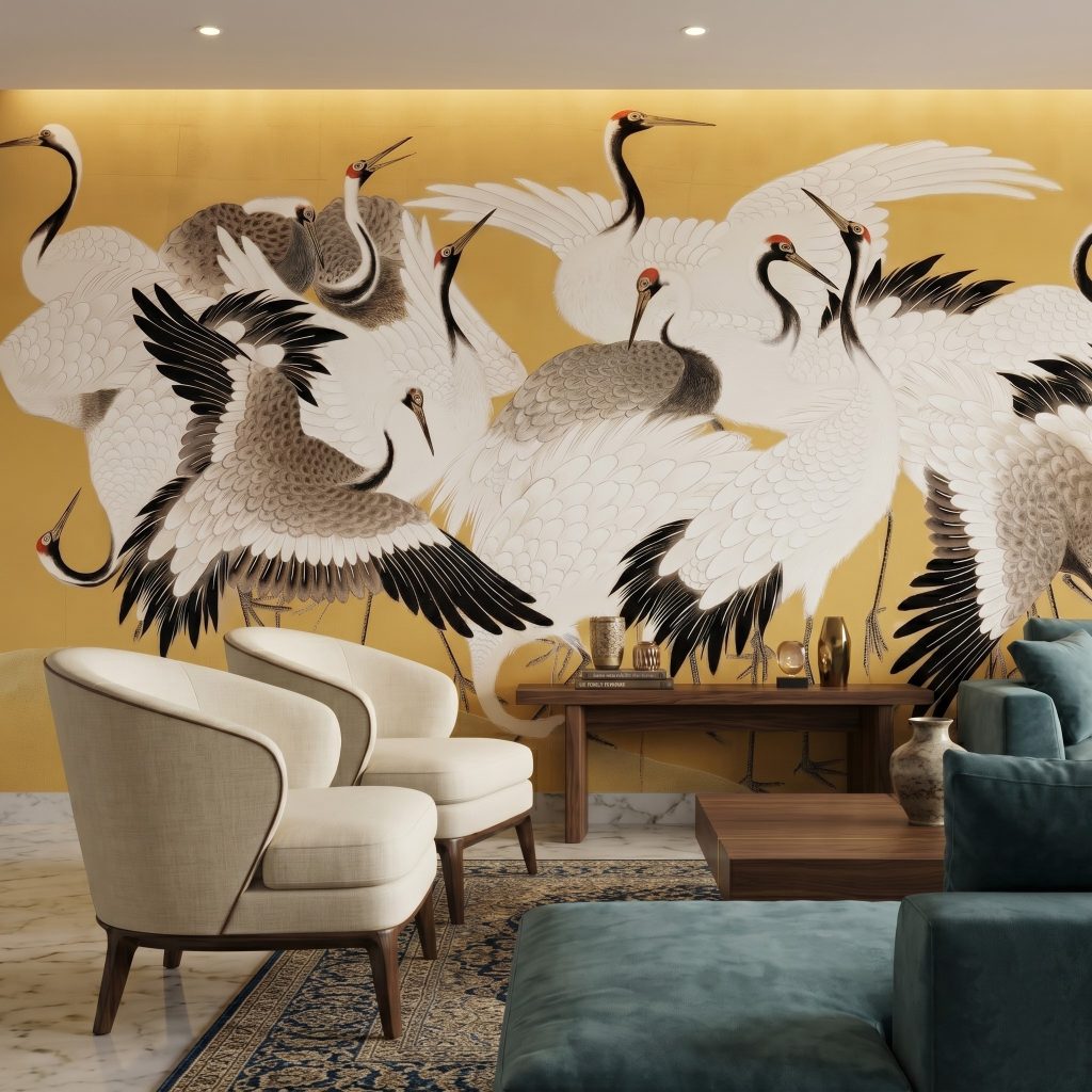 A zoomed in of a modern living room with detailed crane artwork on a warm gold wall.