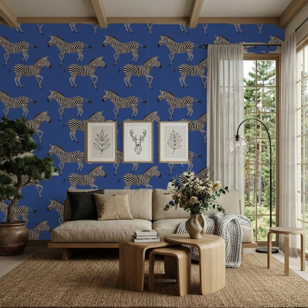 test color filter 15 Wallpaper and Wall Murals South Africa Kala Blue Zebra wallpaper zoomed-in showing black and white zebras on a deep blue background