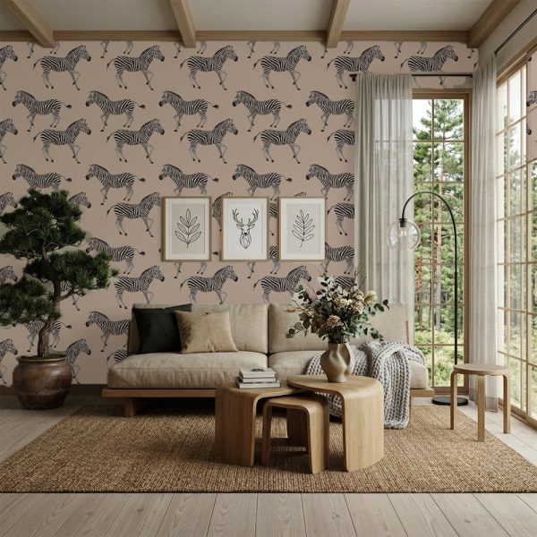 test color filter 12 Wallpaper and Wall Murals South Africa A seamless wallpaper pattern featuring hand-sketched black and white zebras walking across a warm, neutral nude-beige background.