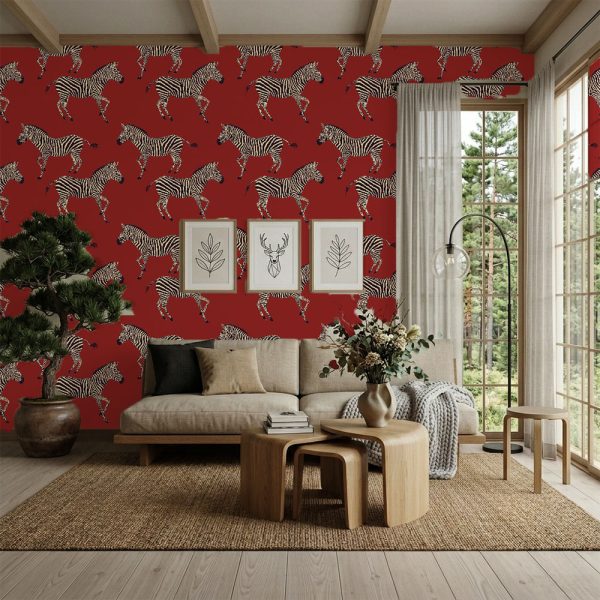 test color filter 9 Wallpaper and Wall Murals South Africa Kala Red wallpaper styled in a modern living room with bold zebra pattern feature wall