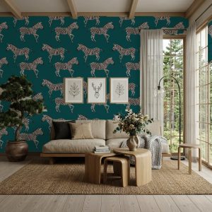 Kala Teal wallpaper styled in modern living room with zebra pattern feature wall and neutral wood decor