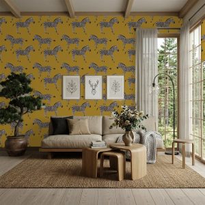 Kala Yellow wallpaper zoomed-in showing hand-drawn zebra pattern in black and white on mustard yellow background