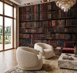 Scholarly Sanctuary Mural featuring a wall of vintage bookshelves with rich tones and classic library styling.