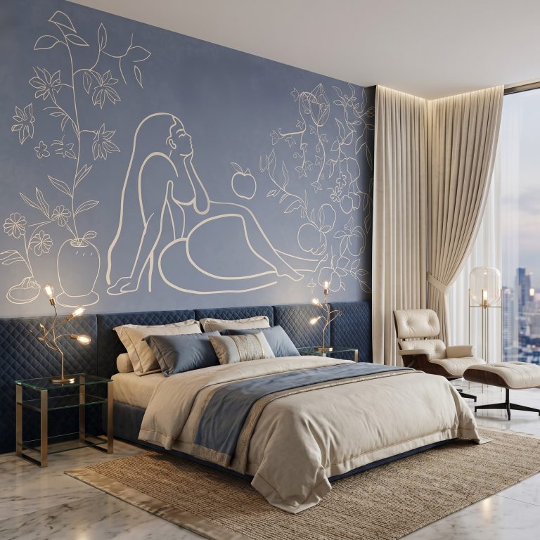 Serene Muse Mural in a contemporary bedroom showcasing large-scale line art of a woman surrounded by botanical illustrations.