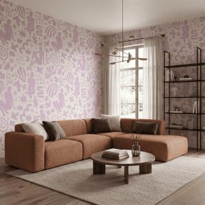 Abstract Muse Dusty Pink wallpaper styled in a modern living room with soft pink silhouettes and abstract shapes