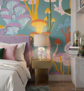 A zoomed-in of Celestial Mycelia mural highlighting exotic pastel fungi with flowing botanical textures and dreamy woodland detailing