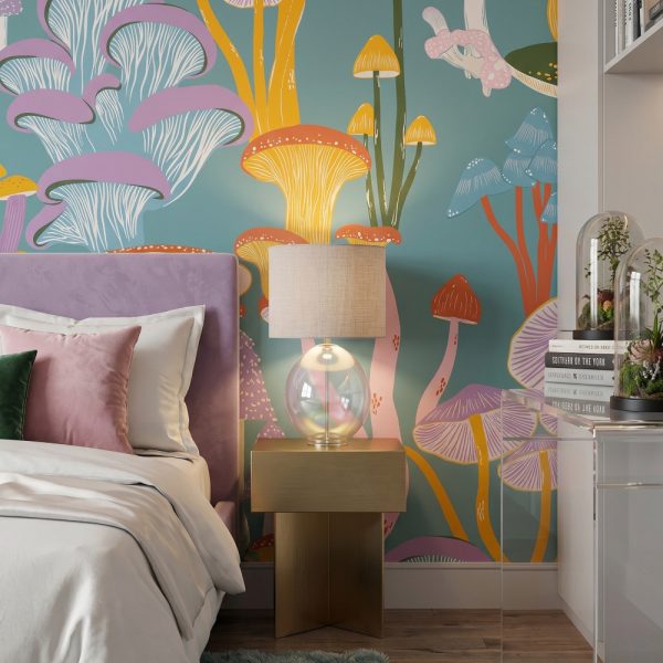 test color filter 3 Wallpaper and Wall Murals South Africa A zoomed-in of Celestial Mycelia mural highlighting exotic pastel fungi with flowing botanical textures and dreamy woodland detailing