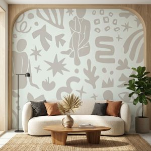 Seamless pattern of beige Matisse-style human silhouettes, stars, and abstract shapes on a cream background.