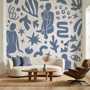 Abstract Muse Blue wallpaper zoomed-in showing stylized human forms, stars, and organic shapes in muted blue tones