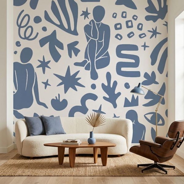 test color filter 7 Wallpaper and Wall Murals South Africa Abstract Muse Blue wallpaper zoomed-in showing stylized human forms, stars, and organic shapes in muted blue tones