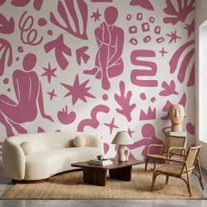 Abstract Muse Deep Pink wallpaper zoomed-in showing stylized human forms, stars, and organic shapes in rich deep pink tones
