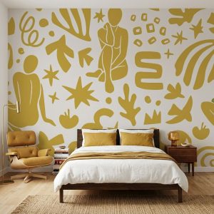 Abstract Muse Mustard wallpaper styled in a modern bedroom with bold silhouette figures and playful shapes on a soft neutral background