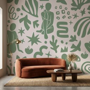 Abstract Muse Sage wallpaper highlighting bold silhouette figures and calming green abstract shapes