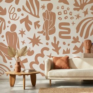 Abstract Muse Terracotta wallpaper styled in a modern living room with bold silhouette figures and earthy abstract shapes
