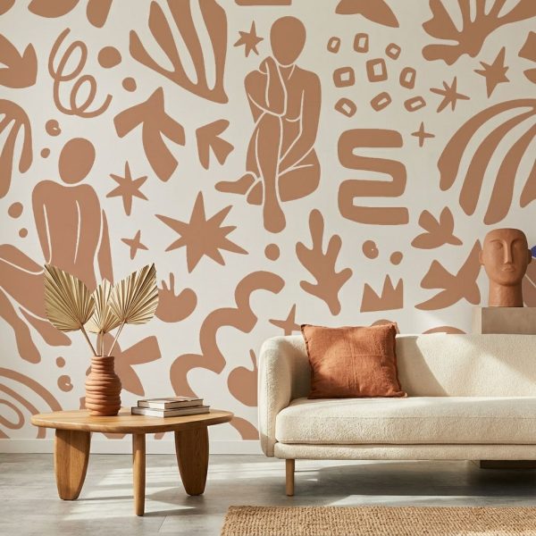 test color filter 4 Wallpaper and Wall Murals South Africa Abstract Muse Terracotta wallpaper styled in a modern living room with bold silhouette figures and earthy abstract shapes