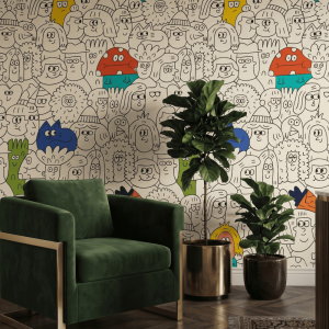 A zoomed-in of Doodle Crowd wallpaper featuring playful hand-drawn cartoon characters with colourful accents