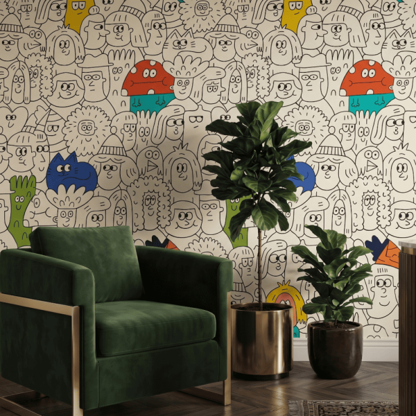 test color filter 7 Wallpaper and Wall Murals South Africa A zoomed-in of Doodle Crowd wallpaper featuring playful hand-drawn cartoon characters with colourful accents