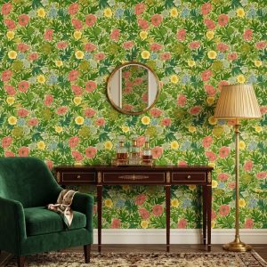 A zoomed-in of Jardin des Étoiles wallpaper highlighting tropical floral botanicals with intricate vintage-inspired detailing