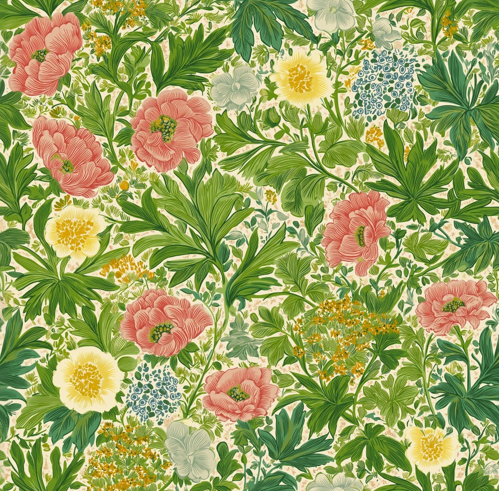 Jardin des Étoiles Wallpaper 2 Wallpaper and Wall Murals South Africa Jardin des Étoiles wallpaper featuring exotic coral blooms and lush emerald foliage on a warm ivory background