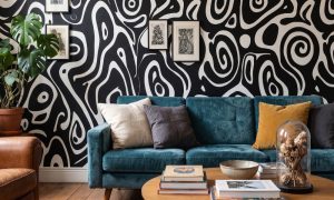 A zoomed-in of Midnight Echoes mural highlighting bold monochrome abstract curves and hypnotic linework