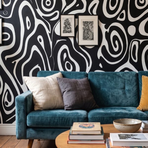 test color filter 5 Wallpaper and Wall Murals South Africa A zoomed-in of Midnight Echoes mural highlighting bold monochrome abstract curves and hypnotic linework