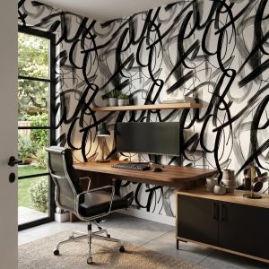 A zoomed-in of Midnight Gesture wallpaper featuring bold black abstract brushstrokes on a soft ivory background