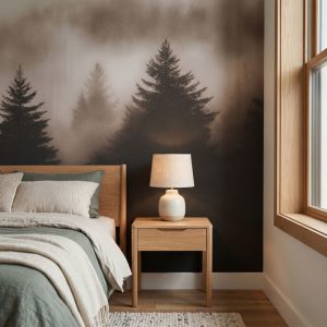 Midnight Timber Mist Mural in on a bedroom wall