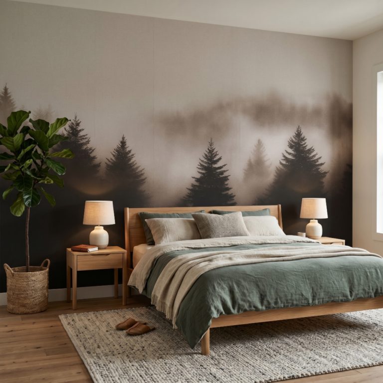 Midnight Timber Mist Mural in on a bedroom wall