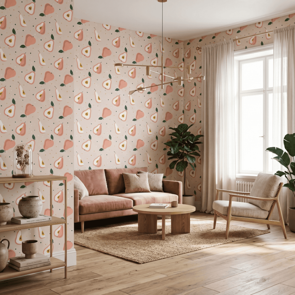 Orchard Pear wallpaper styled in a bright hallway with soft fruit pattern and natural wood finishes