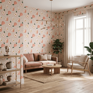 Orchard Pear wallpaper styled in a bright hallway with soft fruit pattern and natural wood finishes