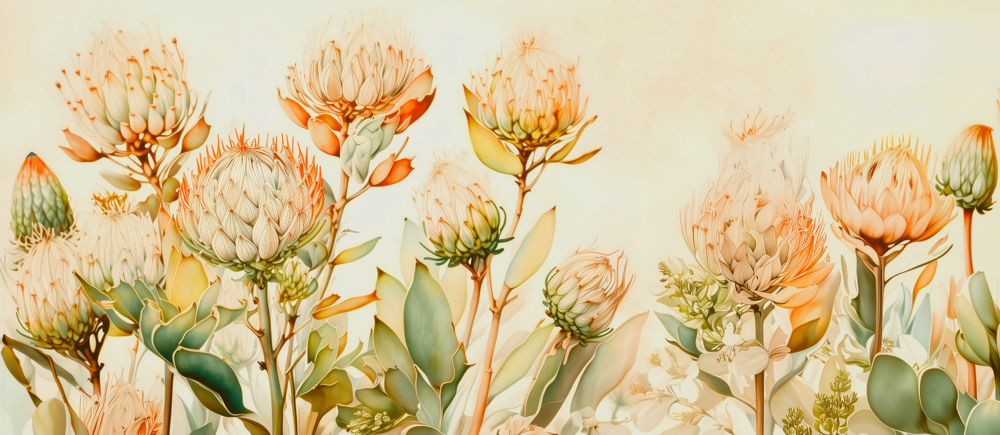 Protea Mirage Mural 2 Wallpaper and Wall Murals South Africa Protea Mirage mural highlighting delicate protea florals with airy botanical detailing and soft desert-inspired hues