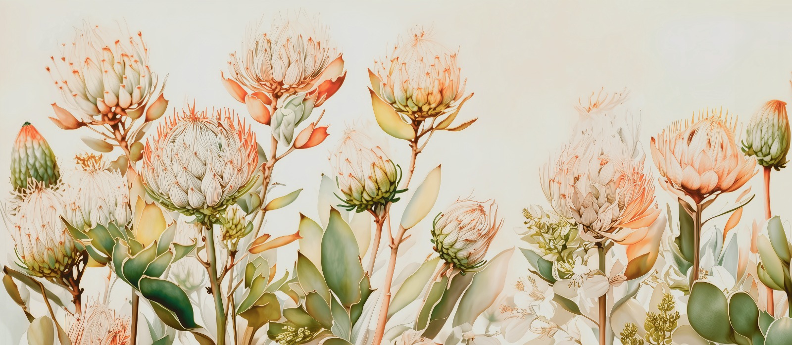 Protea Mirage Mural 3 Wallpaper and Wall Murals South Africa Protea Mirage mural highlighting delicate protea florals with airy botanical detailing and soft desert-inspired hues
