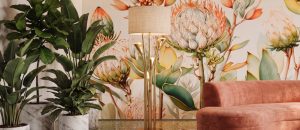 A zoomed-in of Protea Mirage mural highlighting delicate protea florals with airy botanical
