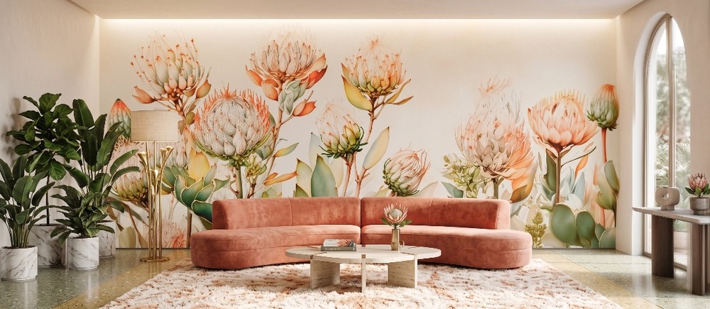 Protea Mirage Mural 3 Wallpaper and Wall Murals South Africa Protea Mirage mural featuring ethereal protea blooms in blush peach, sage green, and ivory tones on a soft cream backdrop