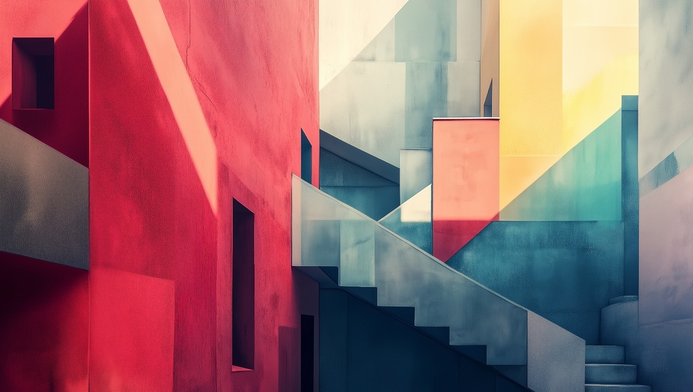 Solstice Staircase Mural 2 Wallpaper and Wall Murals South Africa Solstice Staircase mural featuring layered geometric staircases in coral red, teal blue, cream, and soft yellow tones