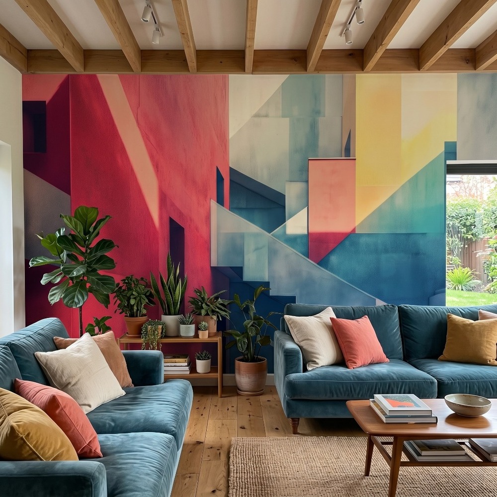Solstice Staircase Mural 1 Wallpaper and Wall Murals South Africa A zoomed-in of Solstice Staircase mural highlighting abstract architectural forms and layered pastel geometry