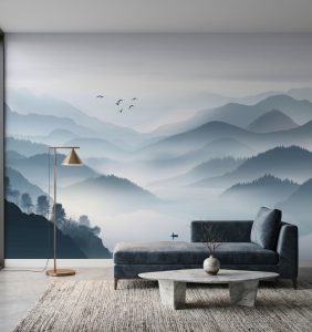 Whispering Blue Horizons mural styled in a modern living room with soft blue mountain landscape wallpaper