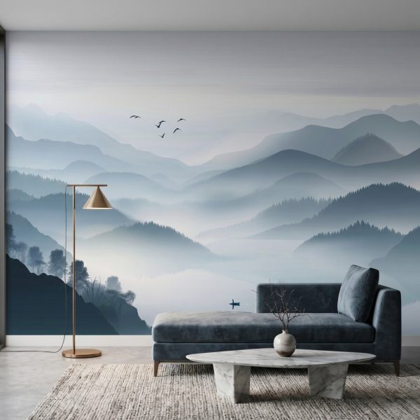 test color filter 10 Wallpaper and Wall Murals South Africa Whispering Blue Horizons mural styled in a modern living room with soft blue mountain landscape wallpaper