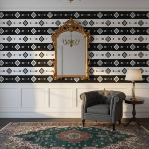 Africa Punto Tone geometric wallpaper with tribal arrows in black, white and grey across a modern office feature wall — Wallpaper Online South Africa