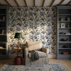 Beauty Slave damask wallpaper with ornate botanical scrolls in navy blue, cream and gold across a formal dining room — Wallpaper Online South Africa