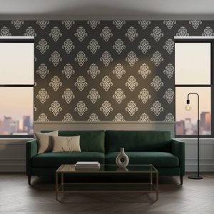 Brigade Line up damask wallpaper with white scrollwork motifs on charcoal grey background across a formal dining room — Wallpaper Online South Africa