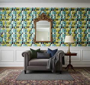 Bub Expressions geometric wallpaper with interlocking shapes in teal, lime green and black against cream across a contemporary nursery — Wallpaper Online South Africa