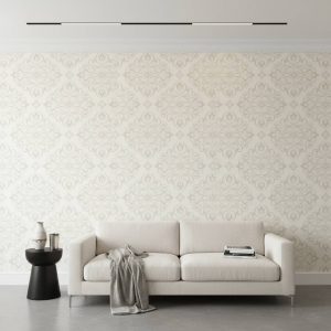 Côte d'Azur damask wallpaper with taupe scrollwork against cream background across a primary bedroom — Wallpaper Online South Africa