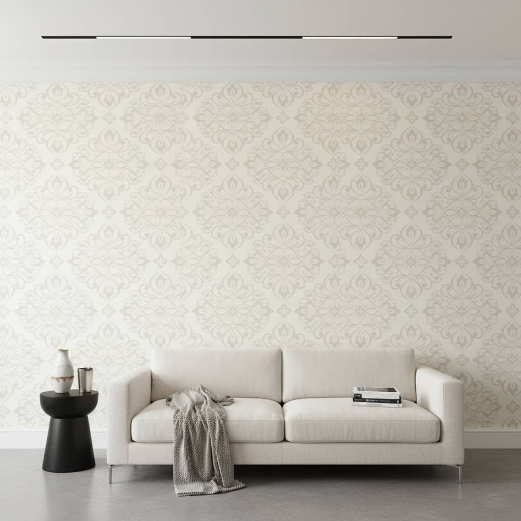 Côte d'Azur damask wallpaper with taupe scrollwork against cream background across a primary bedroom — Wallpaper Online South Africa