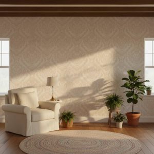 Caledonia Cremé damask wallpaper with ornate scrollwork in warm cream and taupe across a formal dining room — Wallpaper Online South Africa