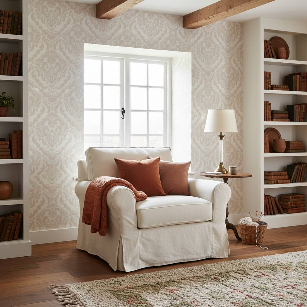 Caledonia Cremé Wallpaper 3 Wallpaper and Wall Murals South Africa Close-up of Caledonia Cremé, a traditional damask design printed in South Africa