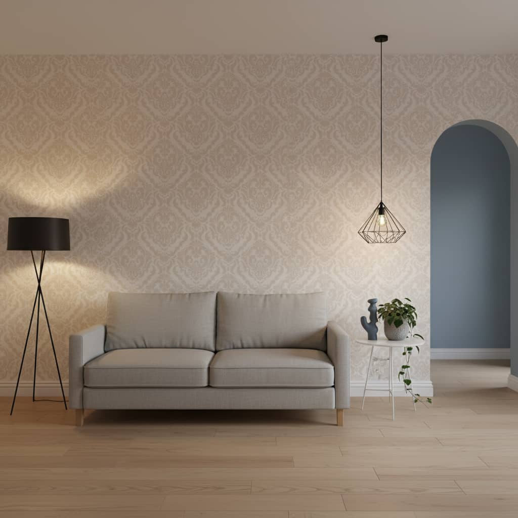 Caledonia Cremé Wallpaper 4 Wallpaper and Wall Murals South Africa Caledonia Cremé installed - a sophisticated Damask & Paisley Wallpapers wallpaper made in South Africa