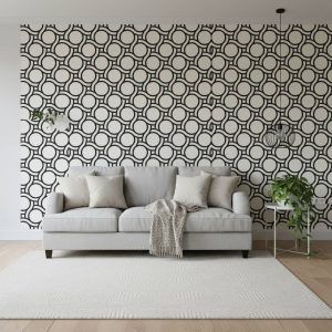 Circular Chain geometric wallpaper with bold black interlocking rings on cream background across a modern study — Wallpaper Online South Africa